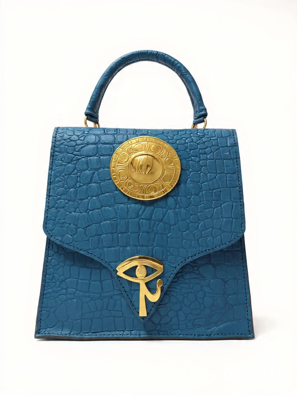Eye of Horus Croc-Texture Handbag – Royal Blue/Brown